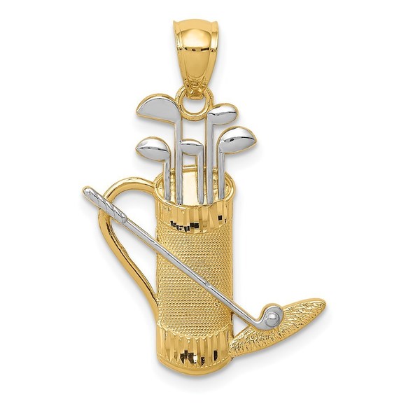 14k Yellow Gold Sports and Rhodium Golf Bag Necklace Charm...